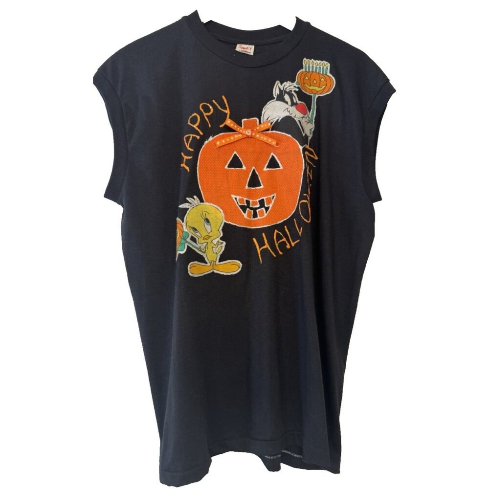 Sport T Stedman Vtg Looney Tunes Halloween Tweety Pumpkin Sylvester Tank XL USA